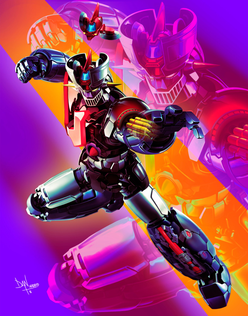 2018 aircraft canopy clenched_hands commentary cross-section danderfull dated dual_persona english_commentary flying highres jumping machinery mazinger_(series) mazinger_z mazinger_z:_infinity mazinger_z_(mecha) mecha missile pilder realistic robot science_fiction signature super_robot