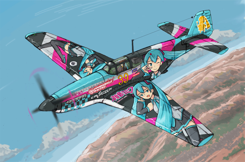 aircraft airplane cloud detached_sleeves escort_fighter goodsmile_company hatsune_miku itasha military military_vehicle necktie no_humans one_eye_closed p-51_mustang propeller_fighter racing sakusa_kuruku sky spring_onion thighhighs twintails vehicle_focus vocaloid wink zettai_ryouiki