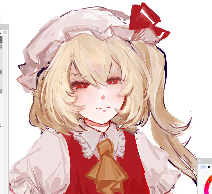 1girl ascot blonde_hair bow bright_pupils brown_ascot chinese_commentary closed_mouth collared_shirt commentary_request double-parted_bangs flandre_scarlet frilled_shirt_collar frilled_sleeves frills hair_between_eyes hat hat_bow highres long_hair mob_cap puffy_short_sleeves puffy_sleeves rainy-day-for-me red_bow red_eyes red_vest shirt short_sleeves side_ponytail smile solo touhou upper_body v-shaped_eyebrows vest white_background white_hat white_pupils white_shirt