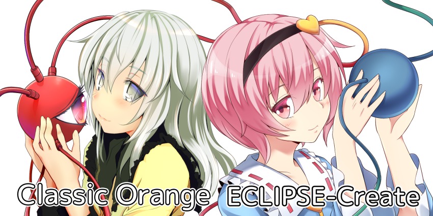 2girls accessories_switch eyeball grey_eyes hairband heart highres ishikkoro komeiji_koishi komeiji_satori multiple_girls no_headwear nogisaka_kushio pink_eyes pink_hair shirt siblings silver_hair sisters smile third_eye touhou upper_body