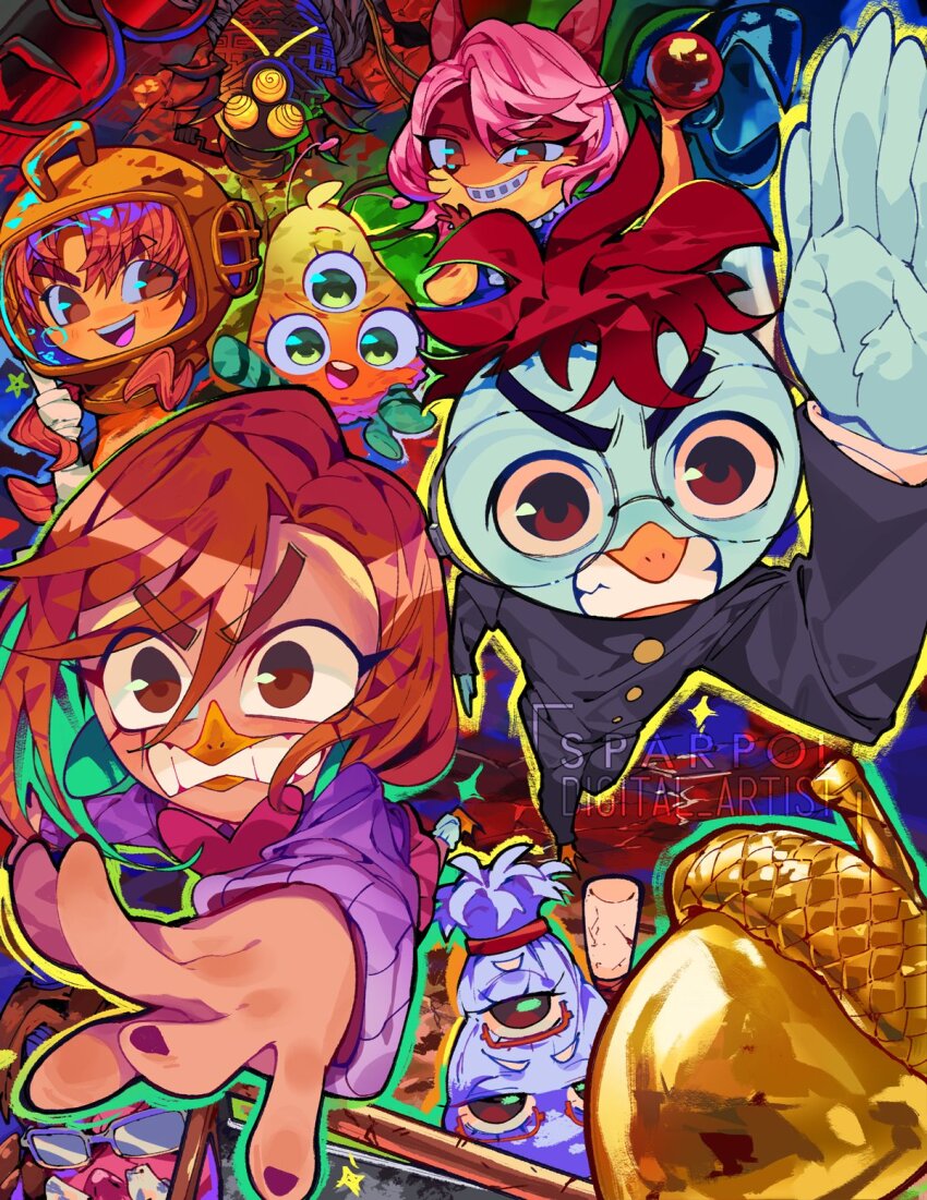 3girls 4boys abby_mallard acorn alien animal_nose ayase_momo ayase_seiko beak blue_feathers braces brown_eyes brown_fur brown_hair chicken_boy chicken_little chicken_little_cluck commentary dandadan duck_girl english_commentary extra_eyes feathers fish_boy fish_out_of_water_(chicken_little) fox_girl foxy_loxy furry furry_female furry_male gakuran glasses grey-tinted_eyewear highres enjoji_jin kirby_(chicken_little) multiple_boys multiple_girls pig_boy pink_hair purple_sweater round_eyewear runt_of_the_litter_(chicken_little) school_uniform shiratori_aira_(dandadan) sparpol star_(symbol) sunglasses sweater takakura_ken_(dandadan) tinted_eyewear