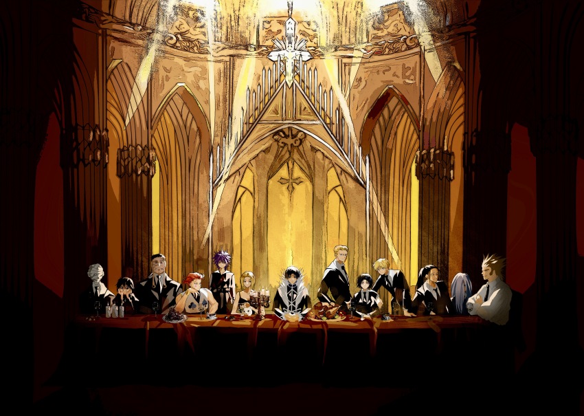 3girls 6+boys absurdres arm_on_another&#039;s_shoulder bandaged_head bandages bare_shoulders black_coat black_hair black_jacket black_necktie black_pants blonde_hair blue_hair bonolenov_ndongo bracelet breasts brown_hair candle candlestand chicken_(food) chrollo_lucilfer cleavage coat collared_shirt covered_face cross cup drinking_glass ebasatrun elbows_on_table facepaint facial_mark feitan_portor fine_art_parody food forehead_mark formal_clothes franklin_bordeau frown glasses grey_hair hair_over_face hair_slicked_back hands_on_own_chest head_rest highres hisoka_morow hunter_x_hunter indoors inverted_cross jacket jewelry juliet_sleeves korutopi leaning_on_person leaning_to_the_side light_rays long_earlobes long_sleeves looking_at_another looking_at_viewer looking_to_the_side machi_komacine meal meat multiple_boys multiple_girls necktie nobunaga_hazama odd_one_out one_eye_covered own_hands_together pakunoda pants parody phinks_magcub pillar plate ponytail puffy_sleeves purple_hair red_hair scar scar_on_face scar_on_forehead shalnark shirt shizuku_murasaki short_hair sideburns sitting sleeveless small_breasts spiked_hair standing suit tablecloth the_last_supper uvogin widow&#039;s_peak wine_glass