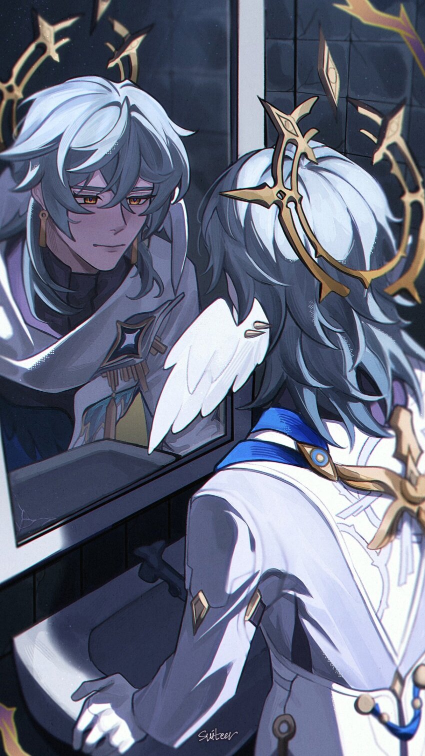 1boy black_shirt closed_mouth commentary earrings english_commentary feathered_wings gloves grey_hair hair_between_eyes halo halo_behind_head head_wings highres honkai:_star_rail honkai_(series) jacket jewelry long_sleeves looking_at_reflection male_focus medium_hair moonya piercing reflection shirt sink solo sunday_(honkai:_star_rail) white_gloves white_jacket white_wings wing_piercing wings yellow_eyes