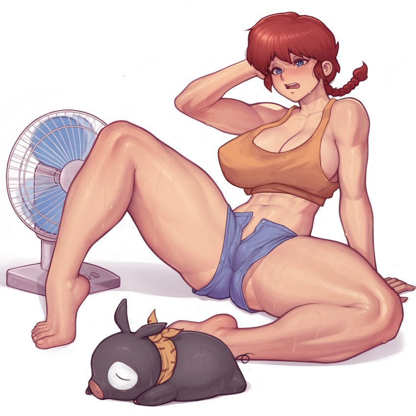 1girl abs ahoge asura_(asurauser) bandana barefoot blue_eyes braid braided_ponytail breasts crop_top electric_fan feet full_body genderswap genderswap_(mtf) hand_in_own_hair highres hot large_breasts midriff muscular muscular_female navel no_bra open_mouth open_pants orange_shirt p-chan pants pig ranma-chan ranma_1/2 red_hair saotome_ranma shirt short_hair short_shorts shorts single_braid sitting solo solo_focus spread_legs sweat thick_thighs thighs toenails toes white_background