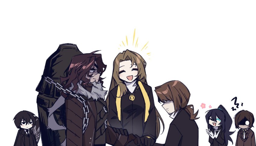2girls 4boys black_coat black_gloves brown_coat brown_gloves brown_hair closed_eyes closed_mouth coat coffin cowboy_shot dieci_association_(identity)_(project_moon) e.g.o_(project_moon) forced_handshake gloves gregor_(project_moon) happy heathcliff_(project_moon) hong_lu_(project_moon) jewelry lobotomy_corporation lobotomy_corporation_(identity)_(project_moon) long_sleeves low_ponytail mercuryhx monocle multiple_boys multiple_girls necklace open_mouth outis_(project_moon) parted_bangs ponytail project_moon rodion_(project_moon) scarf simple_background smile solemn_lament_(e.g.o) stole white_background white_scarf wuthering_heights_(identity)_(project_moon) yi_sang_(project_moon)