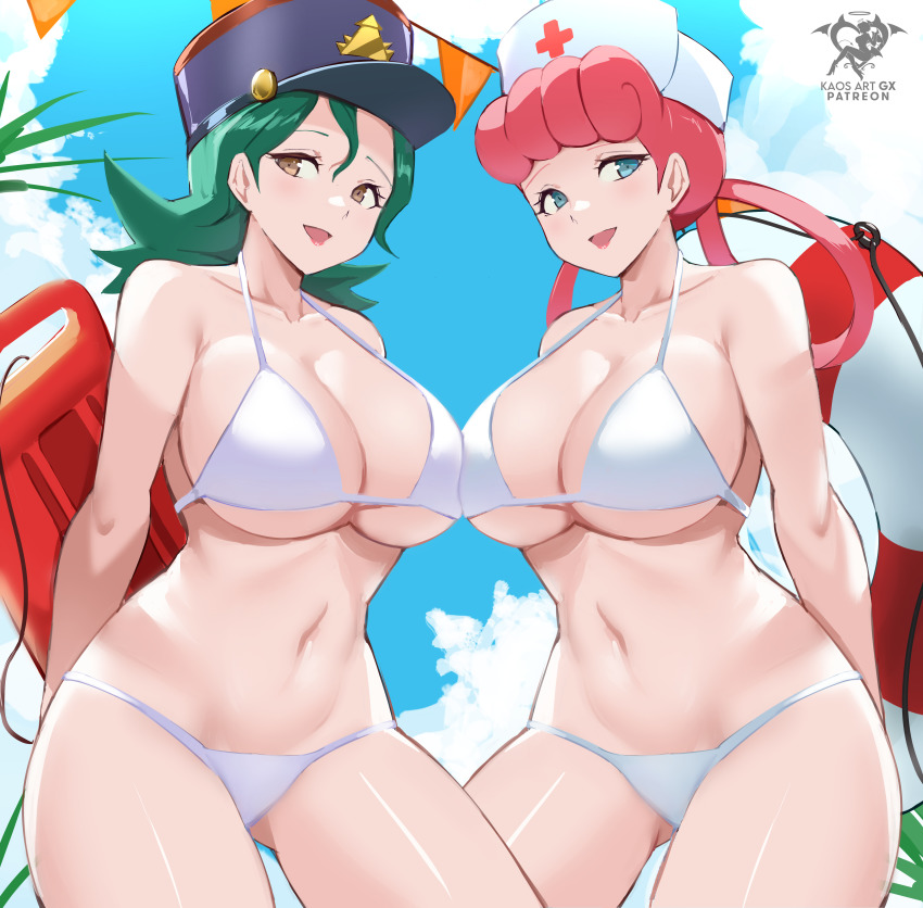 2girls absurdres alternate_costume artist_logo artist_name bikini blue_eyes blue_headwear blue_sky bodyboard breasts brown_eyes cleavage collarbone commentary day english_commentary green_hair hair_rings hat highres holding holding_swim_ring innertube jenny_(pokemon) joy_(pokemon) kaos_art large_breasts lips lipstick logo makeup multiple_girls navel nintendo nurse_cap open_mouth outdoors pink_hair pink_lips pokemon pokemon_(anime) pokemon_(classic_anime) police_hat sky smile swim_ring swimsuit white_bikini white_headwear