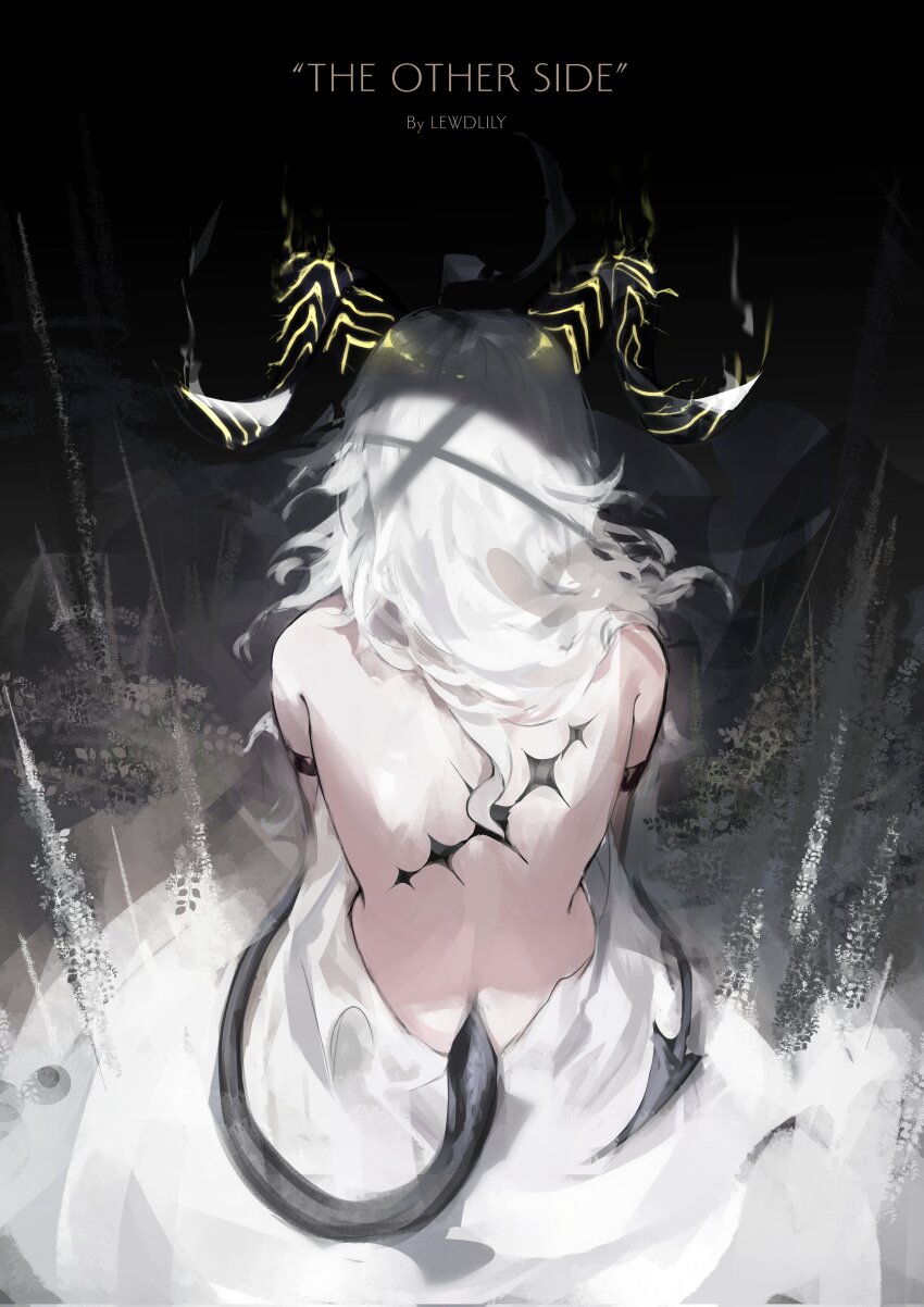1girl absurdres arm_strap bare_back black_horns black_tail commentary curled_horns demon_tail dress english_commentary english_text from_behind grey_hair highres horns lewdlily66 long_hair median_furrow solo tacet_mark_(wuthering_waves) tail tail_around_waist white_dress wuthering_waves zani_(wuthering_waves)