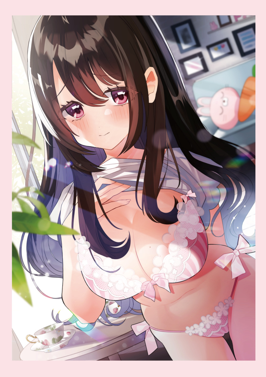 1girl blush bow bra breasts brown_hair cleavage closed_mouth cowboy_shot cup female_focus framed_image front-tie_bra heart heart-shaped_pupils highres indoors lace lace-trimmed_bra lace-trimmed_panties lace_trim large_breasts long_hair looking_at_viewer looking_away mole mole_on_breast original panties pink_bow pink_bra pink_eyes pink_panties plate pomu_(pomu_me) shy side-tie_panties sidelocks smile solo stuffed_animal stuffed_carrot stuffed_rabbit stuffed_toy symbol-shaped_pupils teacup teapot underwear underwear_only