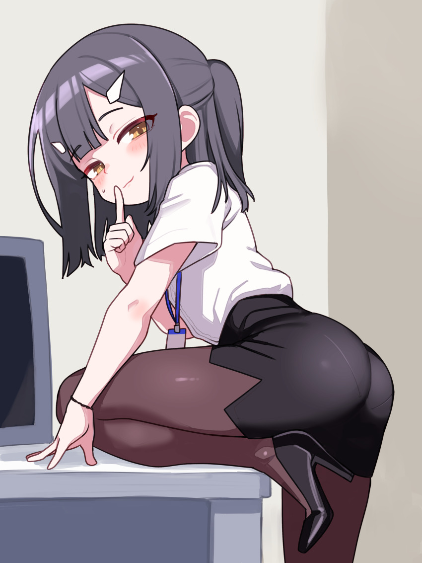 1girl absurdres ass black_hair black_shoes black_skirt blush brown_eyes closed_mouth commission desk fate/kaleid_liner_prisma_illya fate_(series) finger_to_mouth flat_chest from_side hair_over_one_eye high_heels highres lanyard lk149 looking_at_viewer miyu_edelfelt monitor office_lady on_desk panties_visible_through_clothes pantylines pixiv_commission shirt shoes shushing sitting skirt smile solo stiletto_heels sweatdrop white_shirt