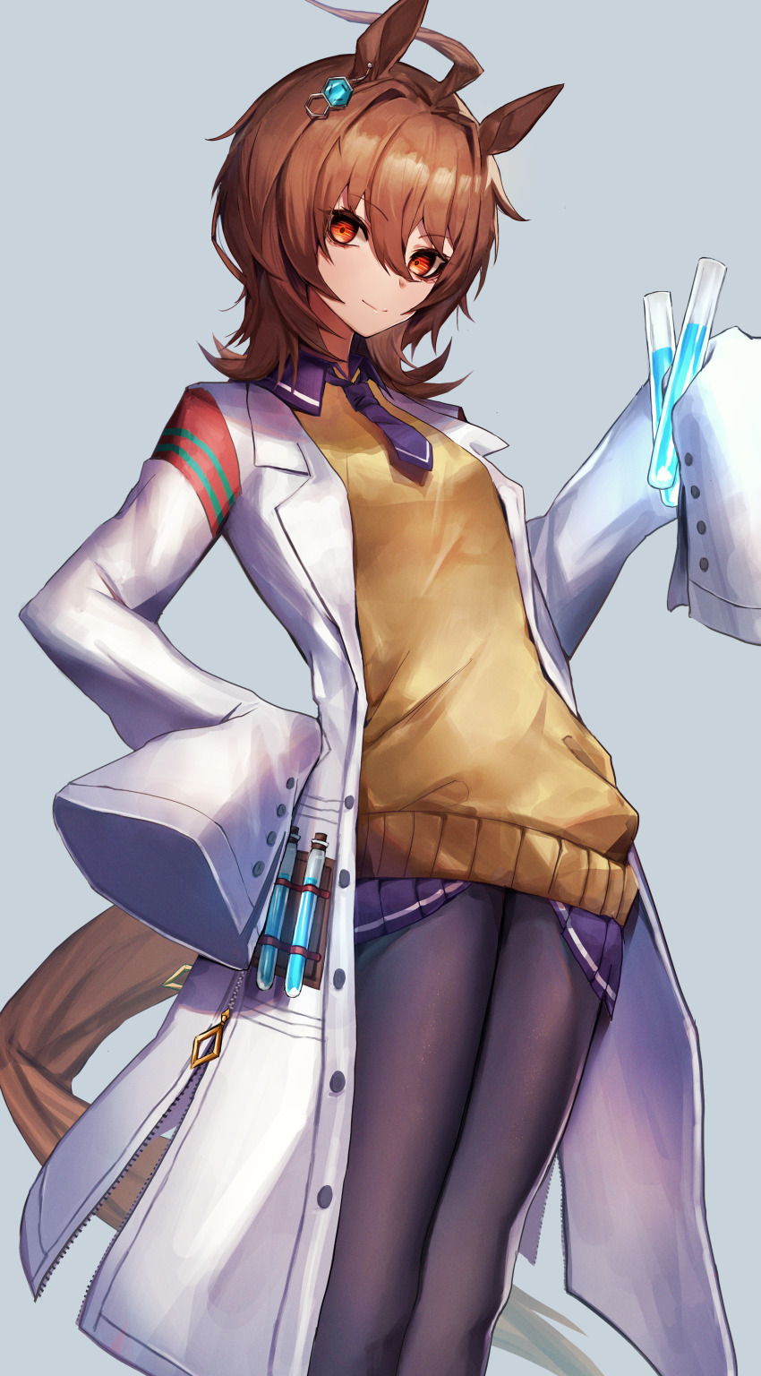 1girl absurdres agnes_tachyon_(umamusume) ahoge animal_ears bandolier belt black_necktie black_pantyhose brown_hair chemical_structure coat collared_shirt commentary cork earrings feet_out_of_frame grey_background hair_between_eyes hand_on_own_hip highres holding holding_test_tube horse_ears horse_girl horse_tail jewelry lab_coat leste_(humansequencer) long_sleeves looking_at_viewer necktie open_clothes open_coat pantyhose pleated_skirt purple_skirt red_eyes shirt simple_background single_earring skirt sleeves_past_fingers sleeves_past_wrists solo sweater_vest tail test_tube umamusume very_long_sleeves white_coat yellow_sweater_vest