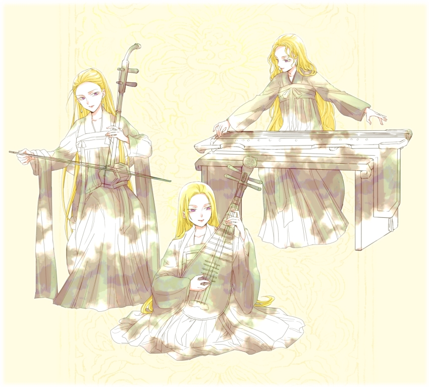 3girls bow_(music) chinese_clothes dress earrings erhu guzheng hair_slicked_back hand_up hanfu hanrin_(juuni_kokuki) highres holding holding_bow_(music) instrument itoyoshi_(koiyuri) jewelry juuni_kokuki long_hair long_sleeves looking_to_the_side multiple_girls music on_ground outstretched_arms parted_bangs partially_colored pipa_(instrument) playing_instrument purple_eyes qixiong_ruqun renrin_(juuni_kokuki) robe sairin_(juuni_kokuki) sash shawl sideways_glance sitting smile stool very_long_hair