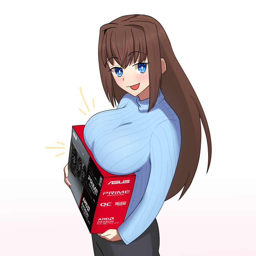 1girl absurdres amd aozaki_aoko black_pants blue_eyes blue_sweater blush box breast_rest breasts brown_hair english_text eyebrows_hidden_by_hair from_side graphics_card highres holding holding_box large_breasts long_hair looking_at_viewer mahou_tsukai_no_yoru notice_lines okikumo open_mouth pants simple_background smile solo sweater turtleneck turtleneck_sweater white_background