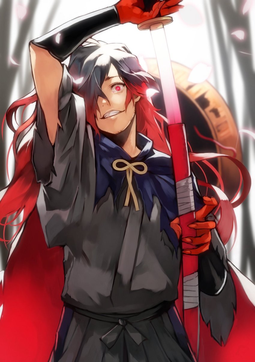 1boy alternate_hair_color alternate_hairstyle bamboo black_hair cloak commentary_request detached_sleeves drawing_sword facial_hair fate/grand_order fate_(series) gloves hair_over_one_eye hat highres holding holding_sword holding_weapon japanese_clothes katana kimono koha-ace long_hair looking_at_viewer male_focus okada_izou_(fate) okada_izou_(second_ascension)_(fate) red_eyes red_hair sandogasa scarf short_sleeves smile solo stubble sword upper_body weapon yoshio_(55level)