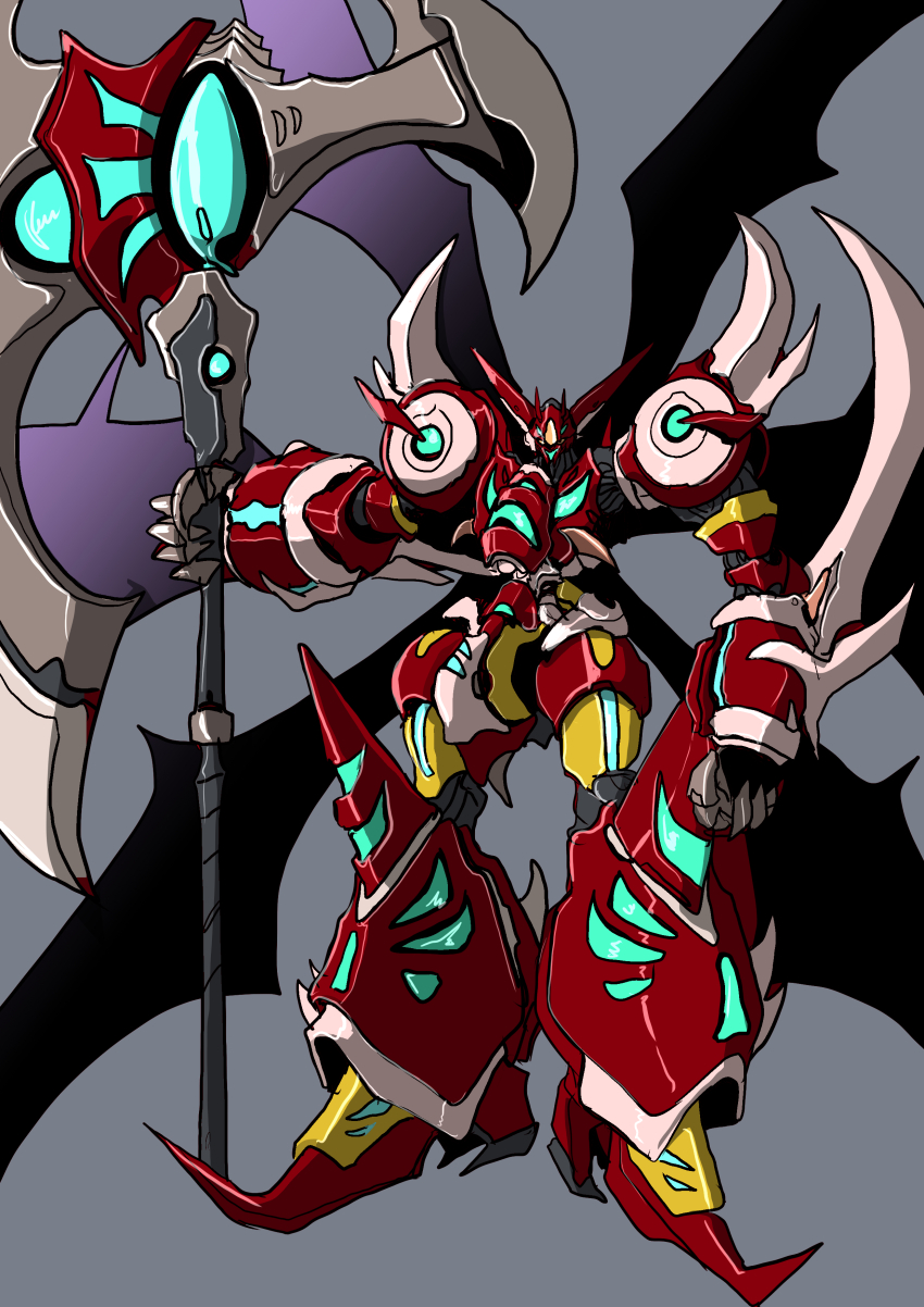 absurdres arm_blade axe black_wings demon_wings gattai getter_robo green_light highres holding holding_axe holding_weapon horns kuroneko_koubou looking_at_viewer mecha mecha_focus multiple_wings no_humans redesign robot science_fiction shin_getter-1 shin_getter_robo solo super_robot weapon wings yellow_eyes