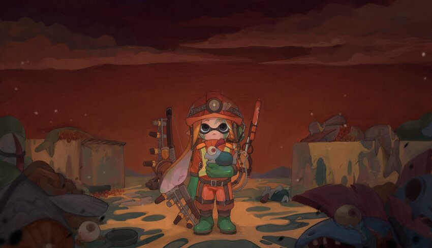 1girl after_battle asymmetrical_sidelocks black_eyes boots bow_(weapon) braided_sidelock cloud commentary_request corpse creature domino_mask empty_eyes expressionless gloves green_boots green_gloves hard_hat harness headlamp helmet high-visibility_clothing high-visibility_vest highres holding holding_bow_(weapon) holding_creature holding_weapon inkling inkling_girl inkling_player_character jumpsuit liang_cun_rakuna lifebuoy looking_at_viewer mask nintendo no_mouth orange_hair orange_jumpsuit outdoors red_sky rubber_boots rubber_gloves salmon_run_(splatoon) salmonid short_hair_with_long_locks sky smallfry_(splatoon) solo splatoon_(series) splatoon_3 splatter standing straight-on swim_ring weapon wide_shot