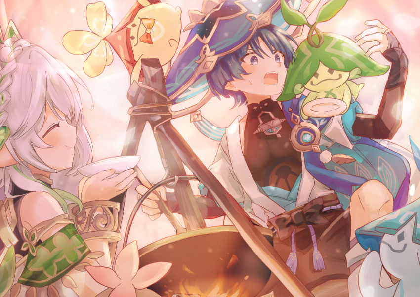 1boy 1girl absurdres anemo_symbol_(genshin_impact) aranara_(genshin_impact) armlet armor belt black_belt black_bodysuit black_bow black_bridal_gauntlets black_eyes black_hair black_shorts blue_cape blue_gemstone blue_hat blue_kimono blue_sleeves blunt_ends blush bodysuit bow bracelet braid bridal_gauntlets cape closed_eyes closed_mouth cooking_pot crown_braid detached_sleeves dress eyelashes facing_another feathers fire gem genshin_impact gold gold_ring gradient_hair green_hair han&#039;eri hand_up hat highres holding holding_plate holding_spoon japanese_armor japanese_clothes jewelry jingasa kimono kote kurokote layered_kimono layered_sleeves life_neko72 looking_at_creature mandarin_collar middle_ring multicolored_hair nahida_(genshin_impact) open_clothes open_kimono open_mouth plate pom_pom_(clothes) purple_rope rope scaramouche_(genshin_impact) short_sleeves shorts shoulder_peek sidelocks single_bare_shoulder smile smoke spoon stirring surprised sweatdrop teeth tilted_headwear tongue upper_teeth_only v-shaped_eyebrows vision_(genshin_impact) wanderer_(genshin_impact) white_dress white_hair white_kimono white_sleeves wide-eyed yellow_feathers