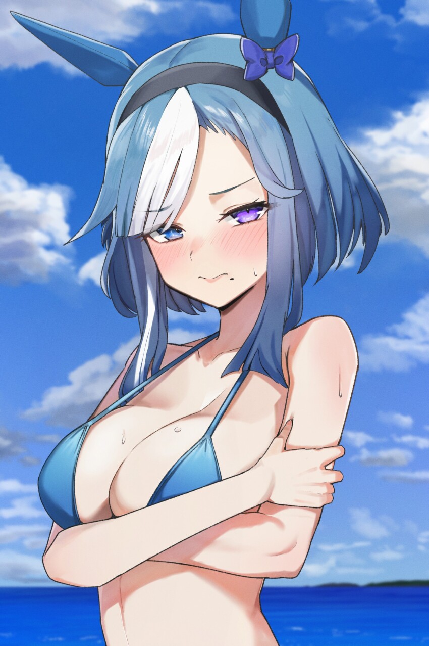 1girl admire_groove_(umamusume) alternate_costume amepa_(ame_pinecandy) animal_ears bikini blue_bikini blue_hair breasts cleavage commentary commentary_request highres horse_ears horse_girl large_breasts looking_at_viewer mole mole_under_mouth multicolored_hair short_hair solo streaked_hair sweat swimsuit umamusume white_hair