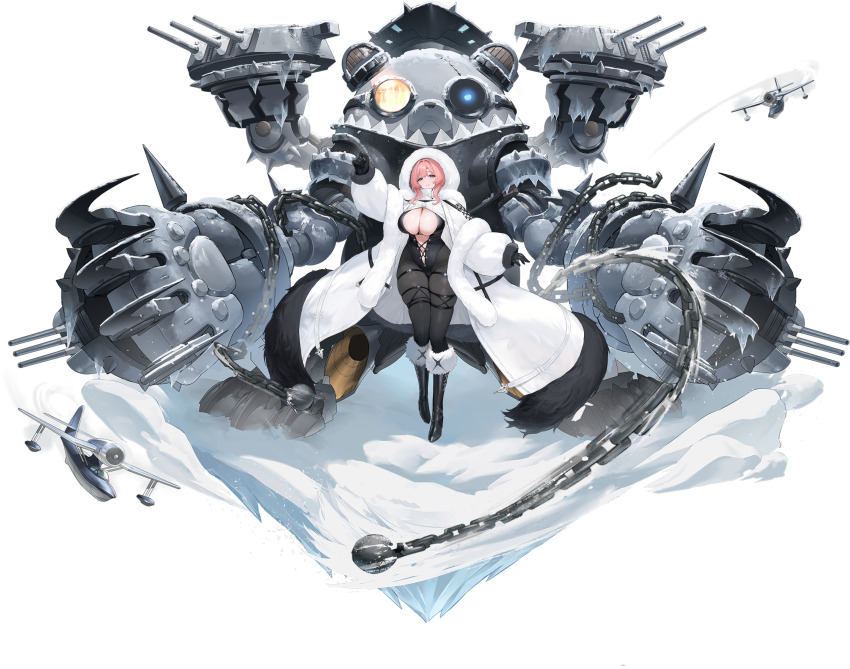 1girl absurdres aircraft airplane arm_up azur_lane bear black_boots black_gloves black_leotard black_pantyhose blue_eyes boots breasts chain cleavage coat curvy feather_boa full_body fur-trimmed_coat fur_trim gloves heterochromia highleg highleg_leotard highres hood hood_up kazan_(azur_lane) large_breasts leotard long_sleeves looking_at_viewer non-humanoid_robot non-web_source official_art pantyhose pink_hair rigging robot robot_animal seaplane sharp_teeth smile solo teeth thigh_strap transparent_background white_coat wide_hips