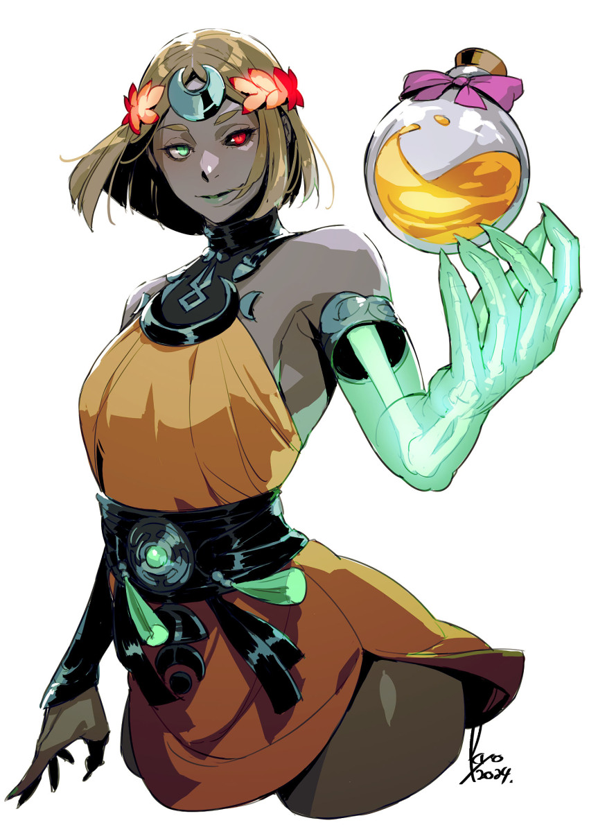 asymmetrical_arms black_sclera blonde_hair colored_sclera cropped_legs dress fingernails glowing_arm greco-roman_clothes green_eyes green_lips hades_(series) hades_2 heterochromia highres kyo_(kuroichigo) laurel_crown looking_at_viewer melinoe_(hades) mismatched_sclera nectar_(hades) orange_dress red_eyes see-through_body sharp_fingernails short_hair skeletal_arm smile