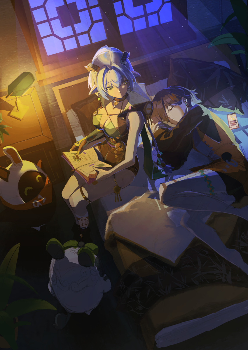 2girls 2others absurdres accessories animal_ears bandana bandana_around_neck bangboo_(zenless_zone_zero) bed beizi_(clothing) belion_(zenless_zone_zero) bell belle_(delicate_sunlight)_(zenless_zone_zero) belle_(zenless_zone_zero) black_boots black_horns black_unitard blanket blue_hair book boots bra braid braided_twintails breasts cellphone chinese_clothes choker closed_eyes commentary_request earrings eous_(zenless_zone_zero) from_above goat_ears goat_girl goat_horns goat_tail green_bra hair_bell hair_between_eyes hair_ornament hair_over_one_eye highres holding holding_book hood horizontal_pupils horns indoors jewelry key key_choker knee_strap lamp letter_hair_ornament long_hair looking_at_another lucia_elowen lying medallion medium_breasts multiple_girls multiple_others night night_sky official_alternate_costume on_bed on_side open_mouth orange_bandana pantyhose phone pillow plant pointy_ears potted_plant short_hair single_bare_shoulder single_sleeve sitting sky sleeping smile tail thigh_strap twintails um4yd underwear white_pantyhose window zenless_zone_zero