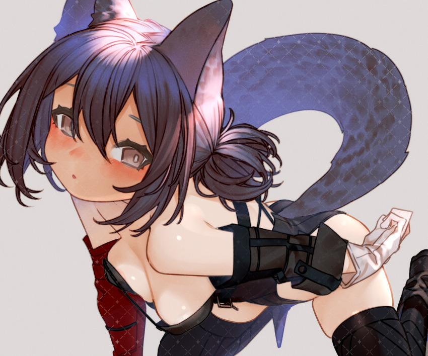1girl animal_ears arknights bare_shoulders black_hair black_thighhighs breasts brown_eyes cat_ears cat_girl cat_tail hair_between_eyes highres kochiya_(gothope) leotard looking_at_viewer medium_breasts rockrock_(arknights) solo strapless strapless_leotard tail thighhighs watermark watermark_grid