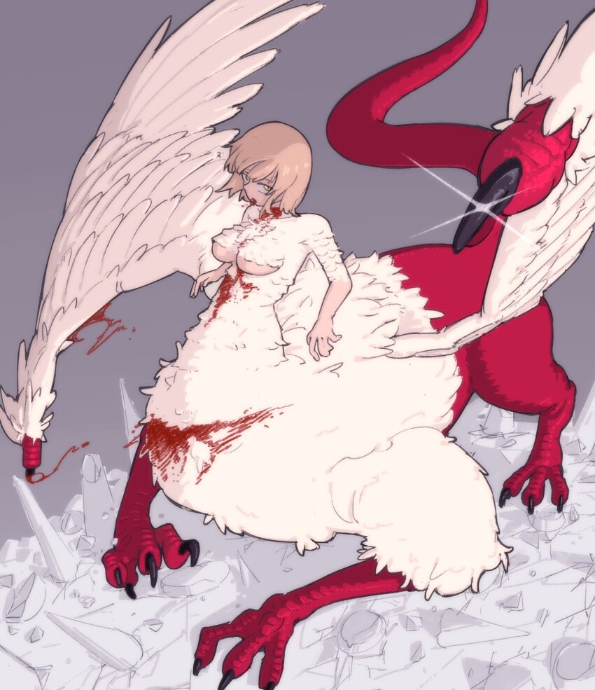 1girl blonde_hair blood blood_from_mouth blood_on_neck blood_on_stomach breasts chimera cuts dungeon_meshi falin_touden falin_touden_(chimera) feathered_wings floating_hair fubarmoe full_body grey_background highres injury looking_at_viewer red_scales short_hair solo talons taur underboob wings yellow_eyes