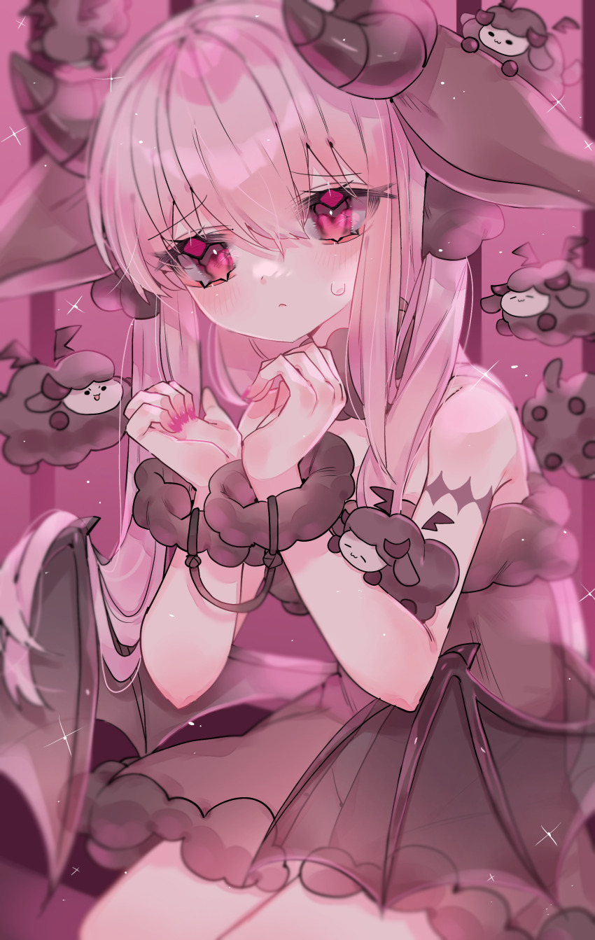 1girl absurdres aki_keika black_sheep blush closed_mouth demon demon_girl demon_horns demon_wings flying highres horns humanization original pink_eyes pink_hair sheep sitting wings