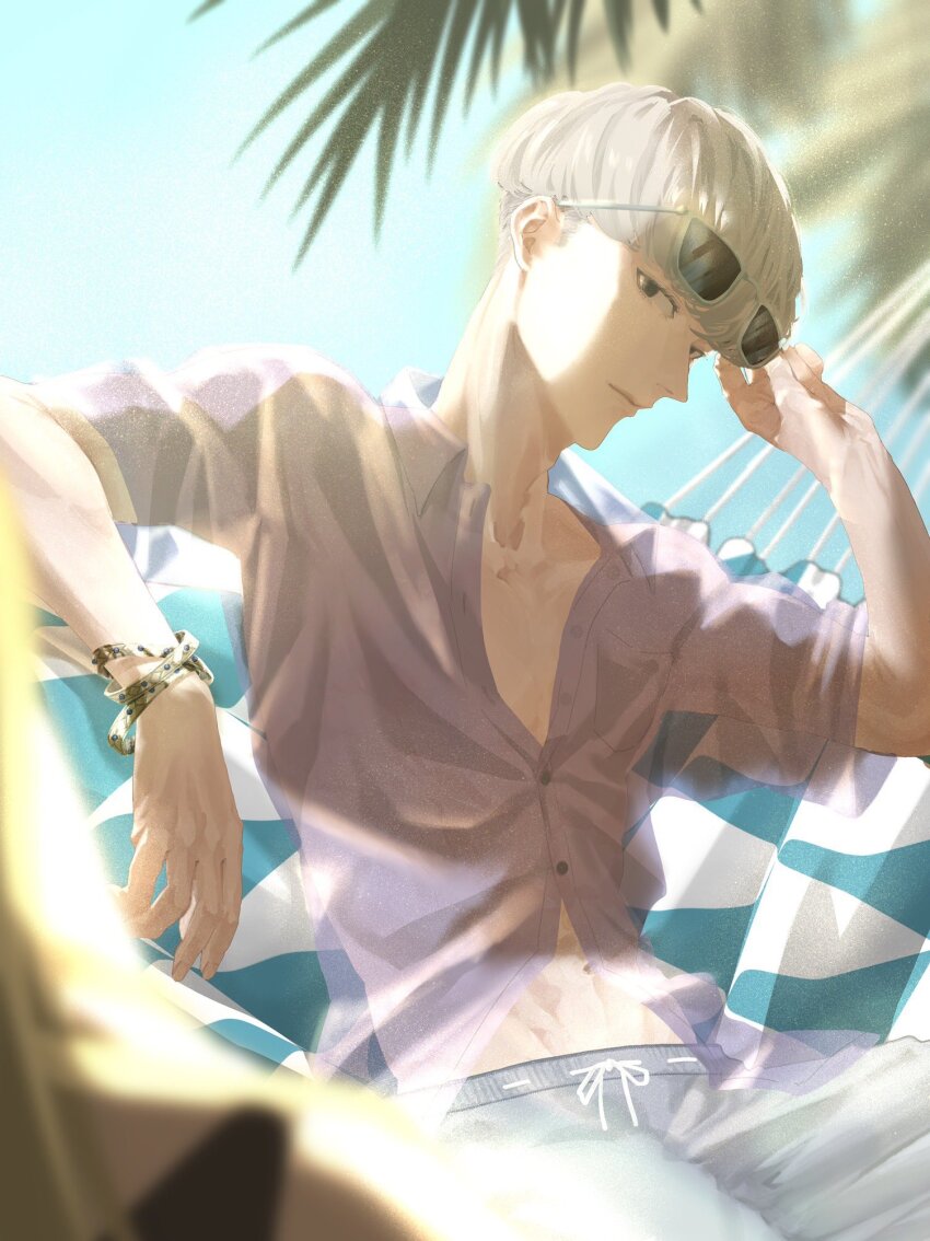 1boy 1girl blue_sky bracelet collared_shirt eieio006 fate/grand_order fate_(series) grey_hair highres ibaraki_douji_(fate) ibaraki_douji_(fate/grand_order) ibaraki_douji_(swimsuit_lancer)_(fate) ibaraki_douji_(swimsuit_lancer)_(first_ascension)_(fate) jewelry looking_at_another male_focus navel outdoors shirt sky solo_focus summer sunglasses sunlight watanabe_no_tsuna_(fate)