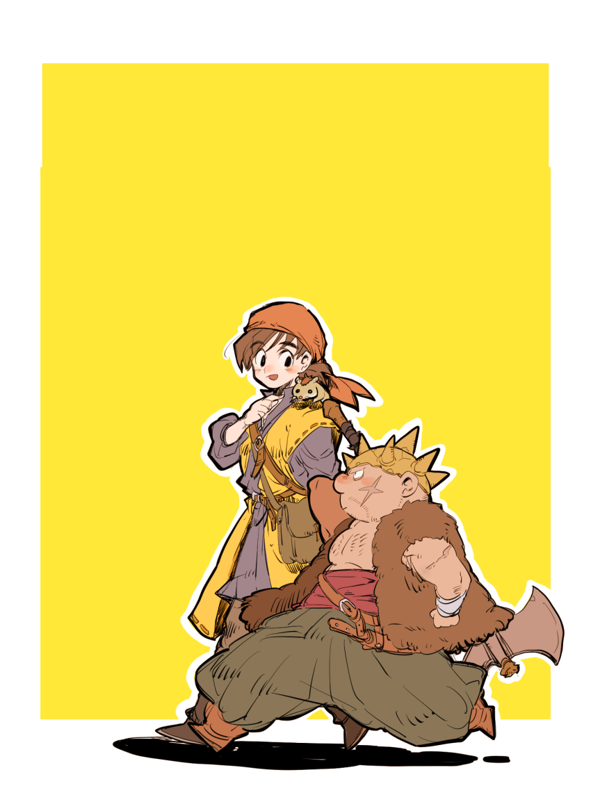 2boys axe bag bandaged_wrist bandages bandana boots brown_boots brown_hair coat cross_scar dragon_quest dragon_quest_viii fur_vest green_pants hamster hero_(dq8) highres multiple_boys orange_bandana orange_boots pants purple_shirt red_sash saitou_piyoko sash scar shirt shoulder_bag sleeveless sparse_chest_hair spiked_helmet walking yangus yellow_coat