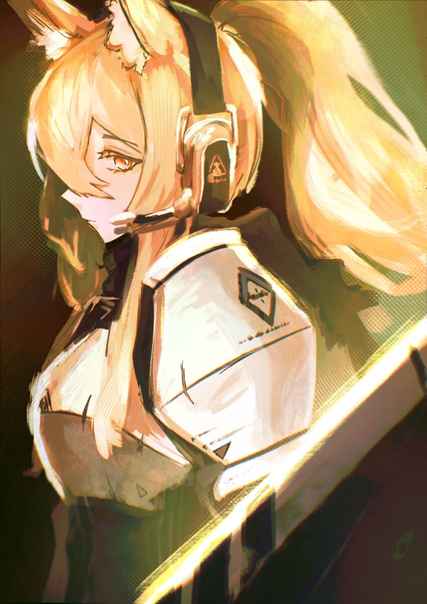 1girl absurdres animal_ear_fluff animal_ears arknights armor blonde_hair breastplate closed_mouth hair_between_eyes headphones highres holding holding_shield implied_extra_ears long_hair looking_at_viewer nearl_(arknights) orange_eyes pauldrons peemy ponytail shield shoulder_armor sidelocks solo