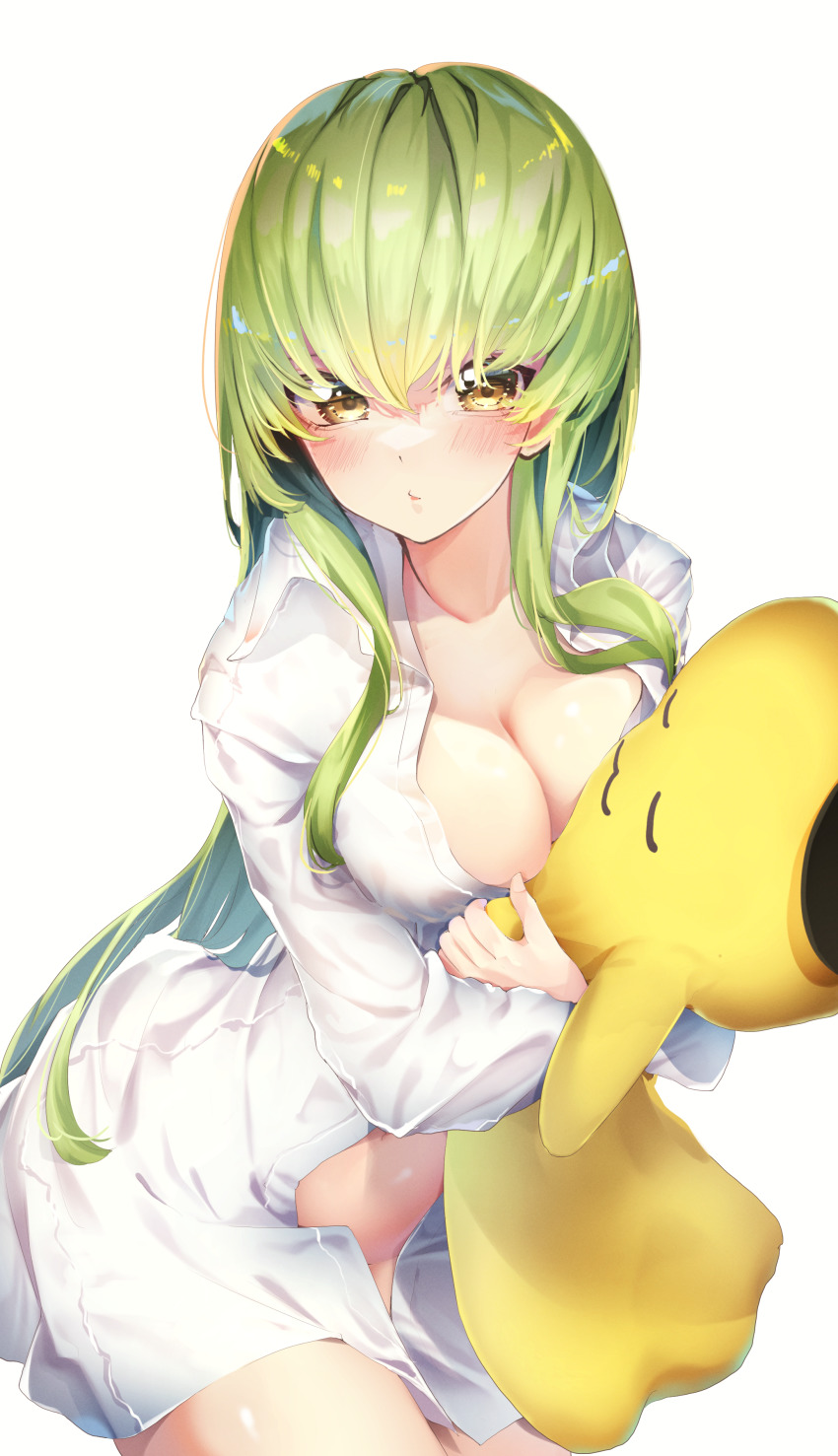 1girl absurdres alternate_breast_size blush breasts c.c. cheese-kun cleavage closed_mouth code_geass green_hair highres holding holding_stuffed_toy large_breasts long_hair looking_at_viewer no_pants shirt simple_background solo stuffed_toy white_background white_shirt yellow_eyes yuunamida_uyu
