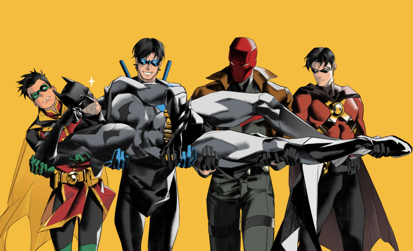 5boys absurdres anthonykaen batman batman_(series) black_bodysuit black_cape black_gloves black_hair black_pants blue_bodysuit bodysuit boots bruce_wayne cape closed_mouth damian_wayne dc_comics dick_grayson domino_mask facial_hair father_and_son gloves green_gloves grey_bodysuit helmet highres jason_todd jason_todd_(teen_titans) male_focus mask multiple_boys muscular muscular_male nightwing pants red_hood_(dc) red_robin robin_(dc) short_hair smile superhero_costume teeth tim_drake two-tone_bodysuit