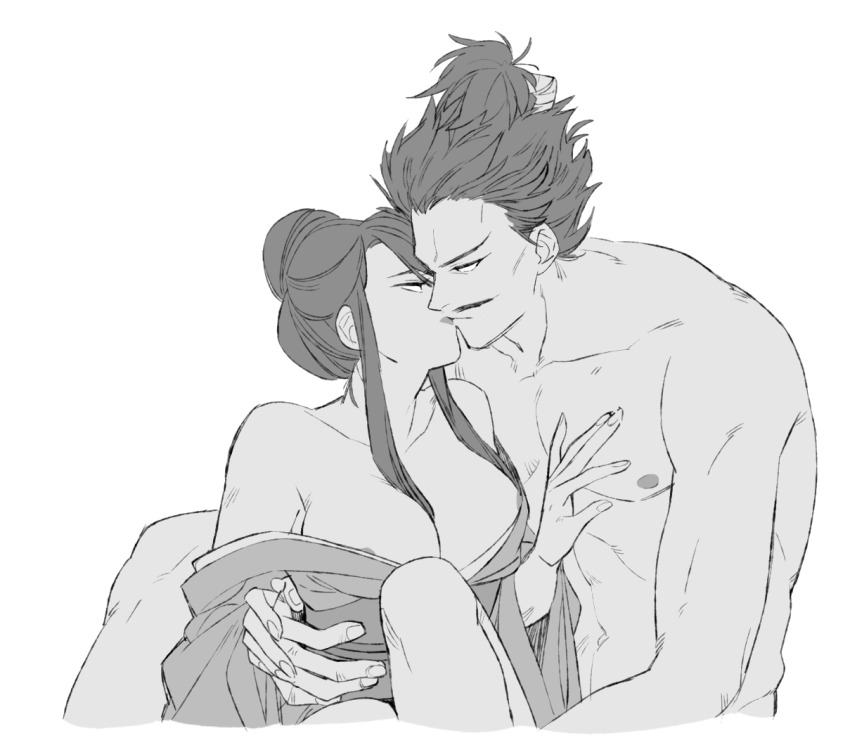 1boy 1girl areola_slip couple eye_contact greyscale hair_bun hand_on_another&#039;s_chest hand_on_another&#039;s_hand hand_on_another&#039;s_hip hetero husband_and_wife japanese_clothes khirzava kimono kiss looking_at_another monochrome nouhime_(sengoku_basara) nude oda_nobunaga_(sengoku_basara) off_shoulder sengoku_basara sidelocks simple_background toned toned_male topknot white_background