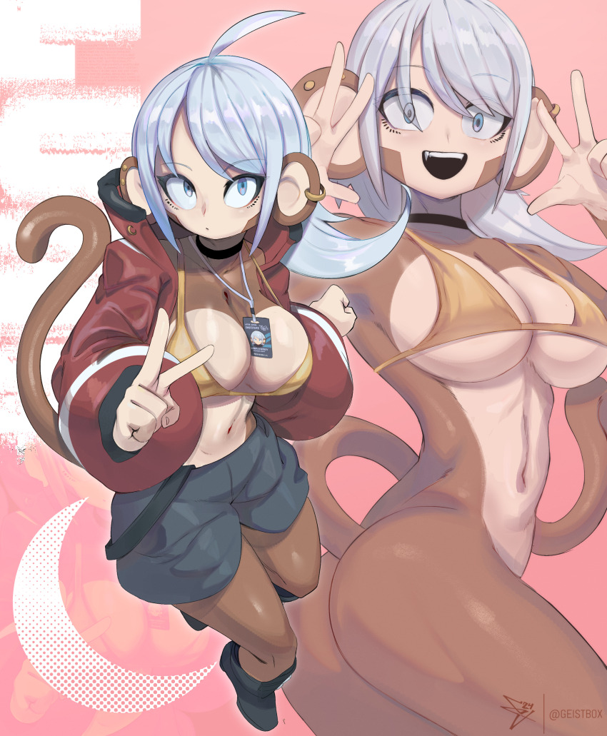 1girl absurdres animal_ears artist_name ass bikini bikini_top_only breasts commentary crescent_moon double_v ear_piercing english_commentary geistbox gold_bikini highres jacket long_hair luna_(geistbox) monkey_ears monkey_girl monkey_tail moon navel open_clothes open_jacket open_mouth original piercing red_jacket shorts solo swimsuit tail v