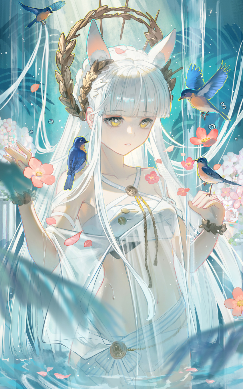 1girl absurdres animal_ear_fluff animal_ears arknights bandeau bare_shoulders bikini bird crf criss-cross_halter flower halterneck highres horse_ears horse_girl laurel_crown long_hair navel official_alternate_costume platinum_(arknights) platinum_(shimmering_dew)_(arknights) see-through_clothes solo stomach striped_sash swimsuit swimsuit_cover-up wading white_bikini white_hair yellow_eyes