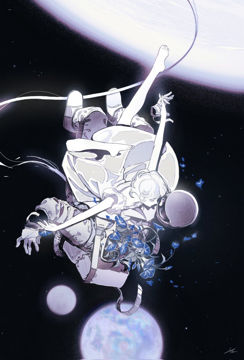 1girl astronaut bag bare_legs barefoot blue_flower boots closed_eyes dress earth_(planet) falling floating floating_hair flower gloves hair_between_eyes helmet highres holding holding_gloves holding_unworn_clothes in_orbit moon original planet short_hair signature skirt space space_helmet space_uniform toktin_zq unworn_gloves white_dress white_hair white_skirt