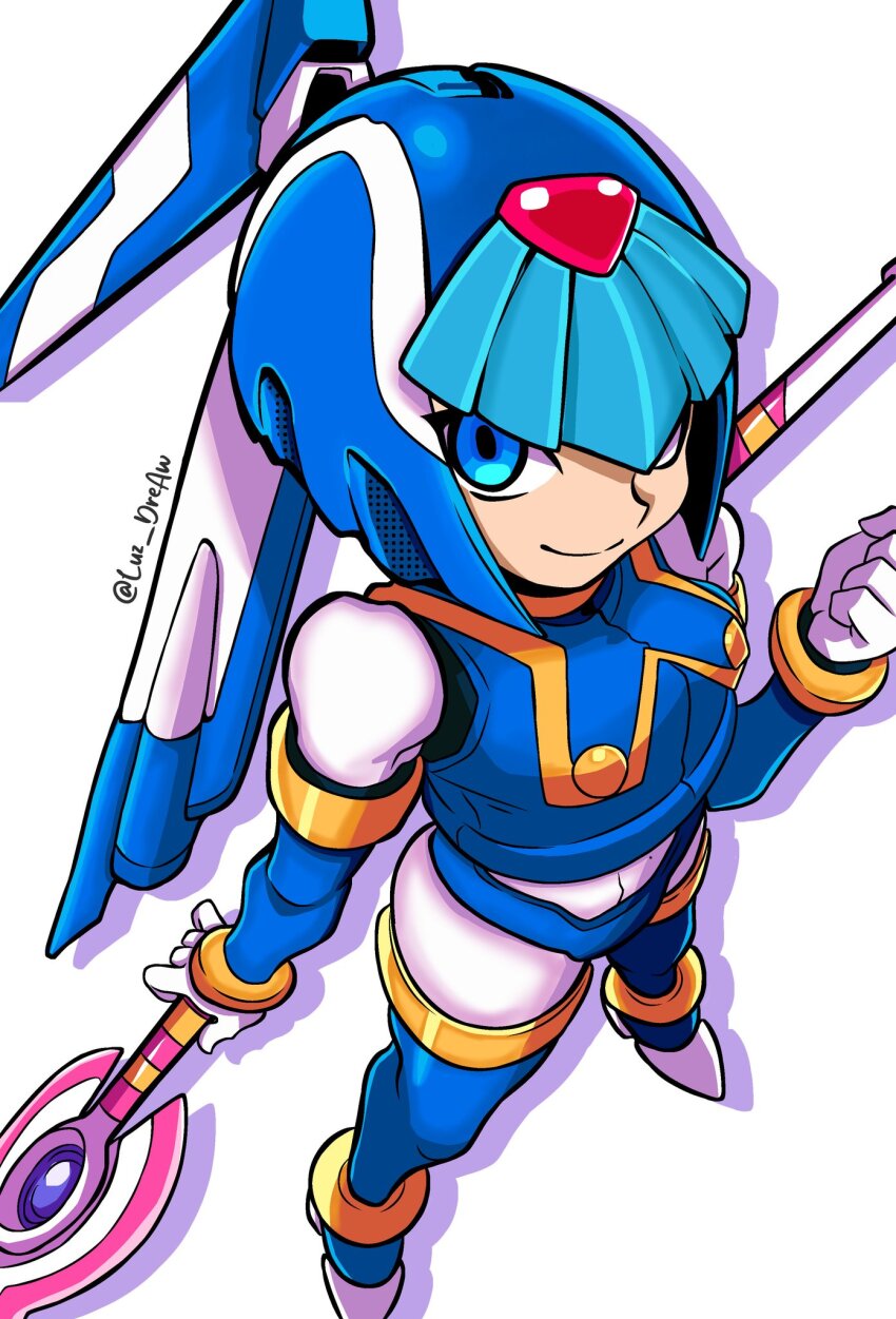 1girl armor blue_armor blue_eyes blue_helmet fairy_leviathan_(mega_man) forehead_jewel full_body helmet highres holding holding_polearm holding_weapon luz_dreaw mega_man_(series) mega_man_zero_(series) polearm simple_background smile solo spear twitter_username weapon white_background
