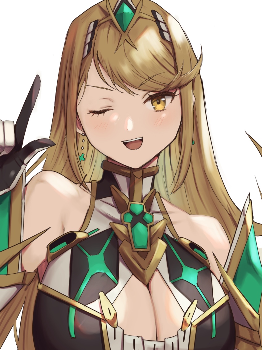 1girl ;d bare_shoulders blonde_hair breasts chest_jewel cleavage cleavage_cutout clothing_cutout commentary_request core_crystal_(xenoblade) dress earrings gem green_gemstone highres index_finger_raised jewelry large_breasts long_hair looking_at_viewer mythra_(xenoblade) one_eye_closed open_mouth sidelocks simple_background sleeveless sleeveless_dress smile solo teeth tiara upper_body upper_teeth_only white_background white_dress xenoblade_chronicles_(series) xenoblade_chronicles_2 yamamori_kinako yellow_eyes