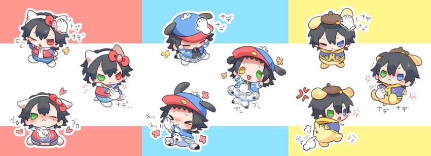 &gt;_&lt; 3boys :&lt; :3 :o ;&lt; anger_vein animal_ear_hairband animal_ears arm_behind_head baseball_cap beret black_hair blue_background blue_eyes blush bow brothers buster_bros!!! cat_ears cat_tail clothes_around_waist disembodied_hand dog_ears extra_ears fake_animal_ears flannel flying_sweatdrops full_body fusion glaring green_eyes hair_between_eyes hair_bow hairband hand_grab hand_on_another&#039;s_stomach hands_on_ground hands_on_own_head happy_aura hat headpat hello_kitty_(character) heterochromia hood hoodie hypnosis_mic jacket jacket_over_hoodie letterman_jacket looking_at_viewer loving_aura lying male_focus mole mole_under_eye mole_under_mouth motion_lines multiple_boys multiple_moles multiple_views no_nose on_back one_eye_closed open_mouth outline outstretched_hand parted_bangs pawpads pet petting pochacco poking_ass pompompurin pout puff_of_air raised_inner_eyebrows red_background red_eyes rubbing_stomach sanrio scratching_chin shirt shirt_around_waist short_hair shy siblings simple_flower sound_effects standing suke8364 tail tail_wagging trembling v-shaped_eyebrows white_background white_hoodie white_outline x_anus yamada_ichiro yamada_jiro yamada_saburo yellow_background yellow_eyes yellow_hoodie