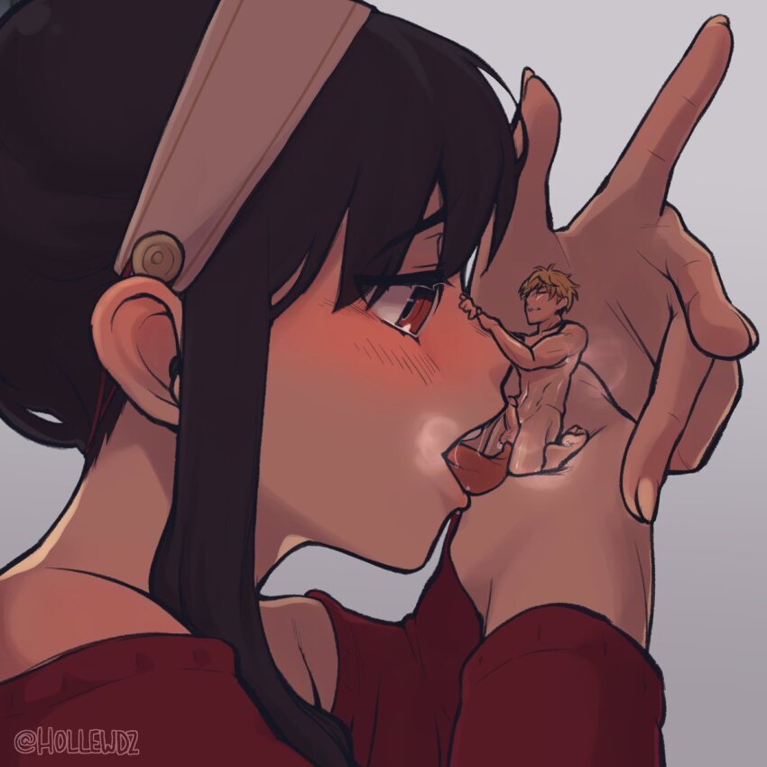 1boy 1girl bare_shoulders black_hair blonde_hair blush closed_eyes clothed_female_nude_male fellatio giant giantess grey_background hairband highres holding hollewdz husband_and_wife licking long_hair mini_person miniboy nude off_shoulder open_mouth oral profile red_eyes red_sweater sidelocks spy_x_family sweater tongue tongue_out tonguejob twilight_(spy_x_family) yor_briar