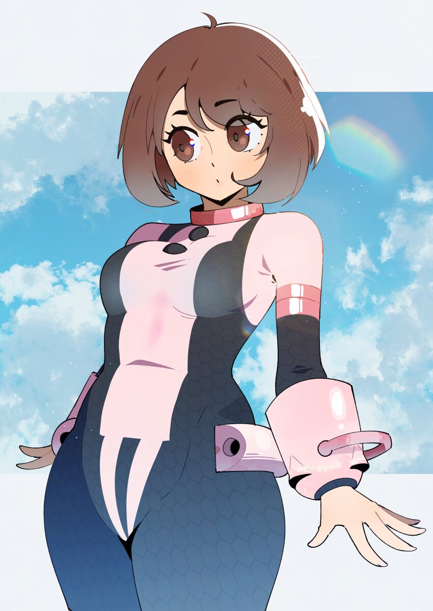 1girl absurdres belt black_bodysuit bodysuit boku_no_hero_academia breasts brown_eyes brown_hair female_focus gjh highres matching_hair/eyes medium_breasts multicolored_bodysuit pink_bodysuit short_hair sidelocks skin_tight solo superhero_costume uraraka_ochako uraraka_ochako_(hero_outfit) white_bodysuit
