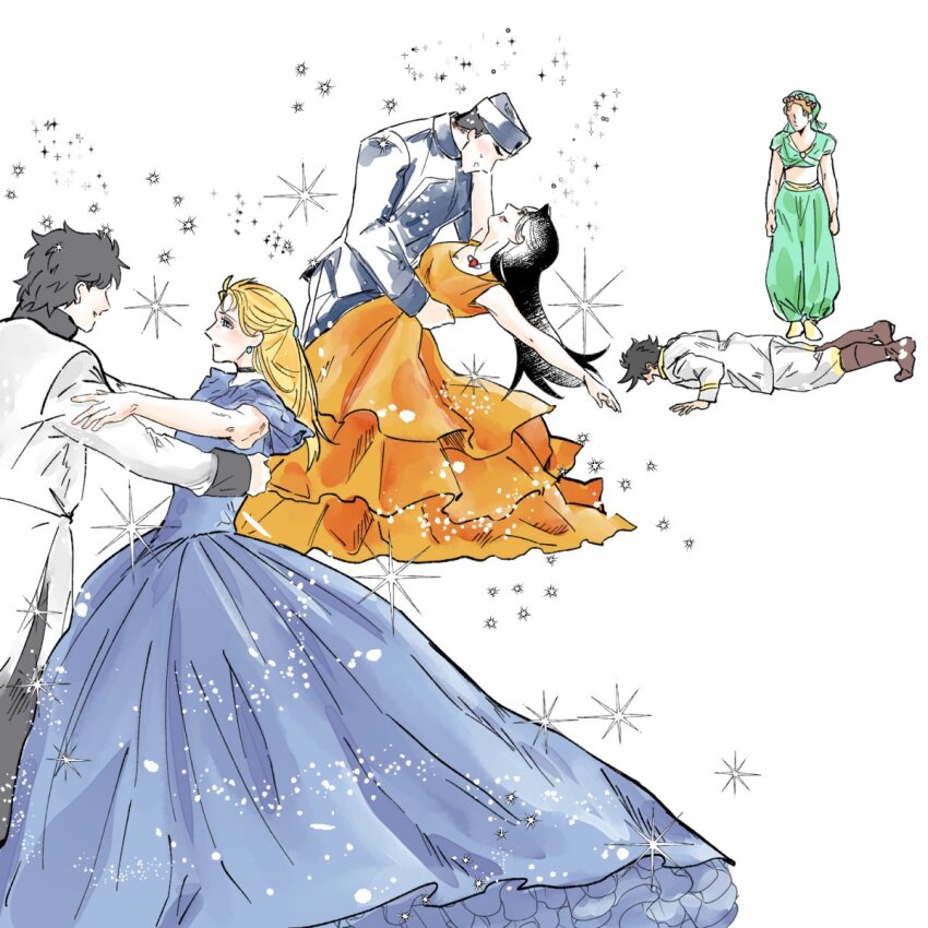 3boys 3girls ashblanc195 battle_tendency blonde_hair blue_dress blue_hair brown_hair couple dancing dress erina_pendleton george_joestar_ii hat hetero highres husband_and_wife jojo_no_kimyou_na_bouken jonathan_joestar joseph_joestar joseph_joestar_(young) lisa_lisa long_hair multiple_boys multiple_girls orange_dress phantom_blood smile sparkle suzi_q sweatdrop