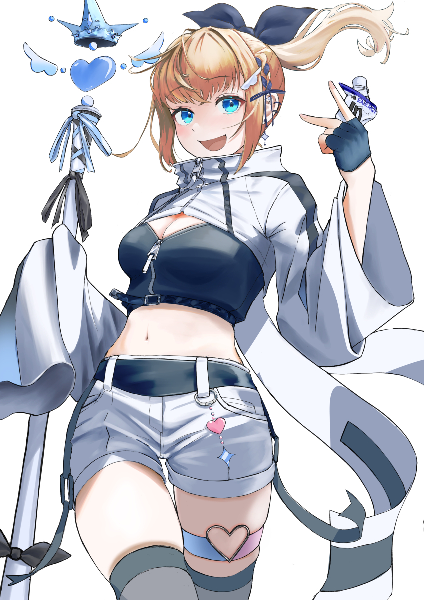 1girl absurdres black_bow black_shirt black_thighhighs blonde_hair blue_eyes blush bow breasts cleavage commentary_request fingerless_gloves gloves hair_bow highres holding hxk4_n jacket long_hair long_sleeves looking_at_viewer medium_breasts navel open_mouth original ponytail shirt shorts shrug_(clothing) simple_background sleeves_past_fingers sleeves_past_wrists smile solo thigh_strap thighhighs white_background white_jacket white_shorts white_shrug