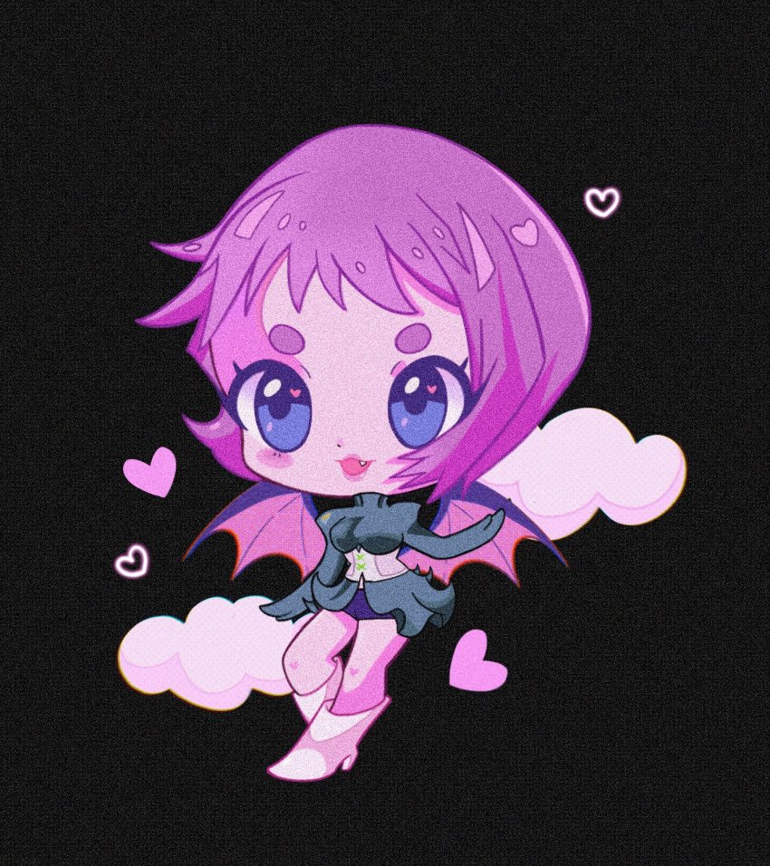 1girl bat_wings black_shorts blue_eyes blush boots chibi corset eyebrows fang female_focus full_body highres open_mouth pink_hair short_hair shorts simple_background smile solo subarashiki_kono_sekai turtleneck white_boots wings yashiro_uzuki