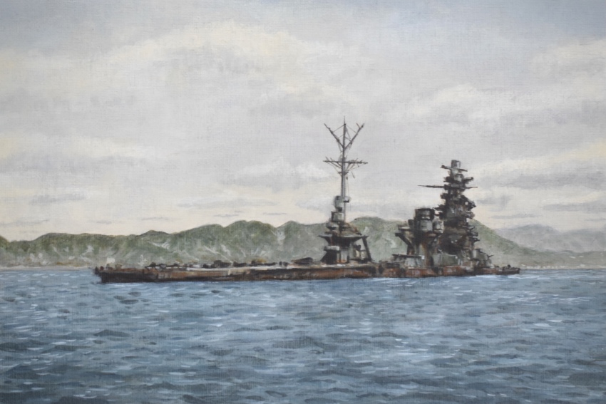 absurdres atelier_bono battleship highres hyuuga_(battleship) imperial_japanese_navy military_vehicle mountain ocean original painting_(medium) port ruins rust ship shipwreck sky sun_glare traditional_media warship watercolor_(medium) watercraft world_war_ii