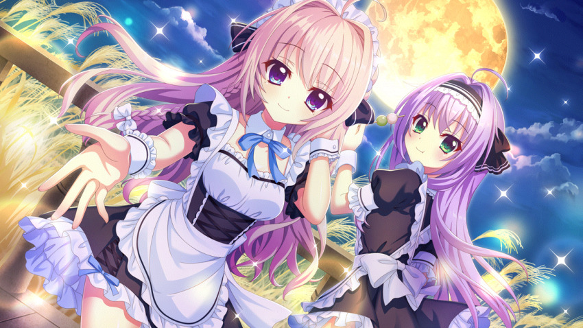 2girls :t ahoge alternate_costume apron black_bow black_hairband blonde_hair blue_eyes blue_ribbon bow braid breasts cloud dango detached_collar dot_nose dutch_angle eating enmaided film_grain food frilled_hairband frills full_moon game_cg green_eyes hair_bow hairband hand_in_own_hair hokaze_kanade izumi_tsubasu long_braid looking_at_viewer maid maid_apron maid_headdress medium_breasts moon multiple_girls night night_sky non-web_source official_art outdoors outstretched_arm outstretched_hand purple_hair railing re:stage! ribbon sanshoku_dango shiratori_amaha_(re:stage!) single_braid sky smile sparkle susuki_grass underbust wagashi white_bow white_wrist_cuffs wrist_cuffs