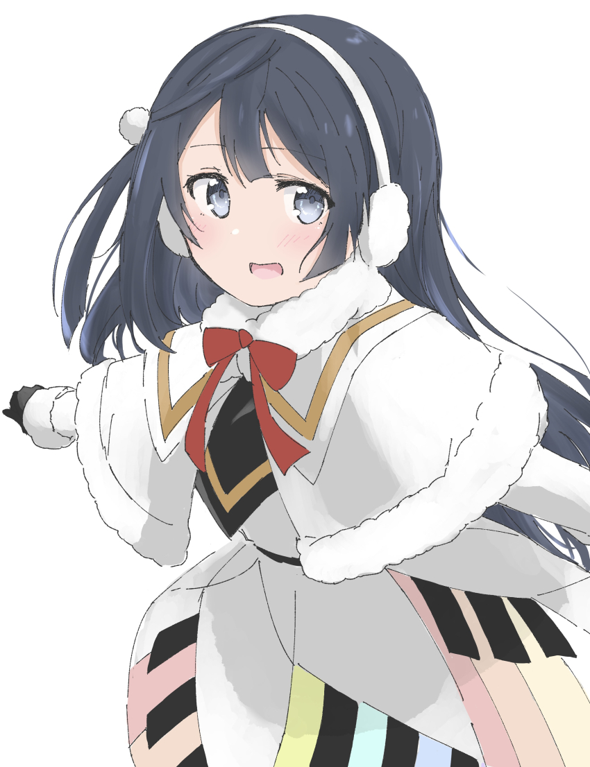 1girl absurdres black_gloves black_hair blush chakuma510 colorful_dreams!_colorful_smiles!_(love_live!) earmuffs gloves grey_eyes highres long_hair looking_at_viewer love_live! love_live!_nijigasaki_high_school_idol_club one_eye_closed one_side_up sidelocks solo upper_body white_background yuki_setsuna