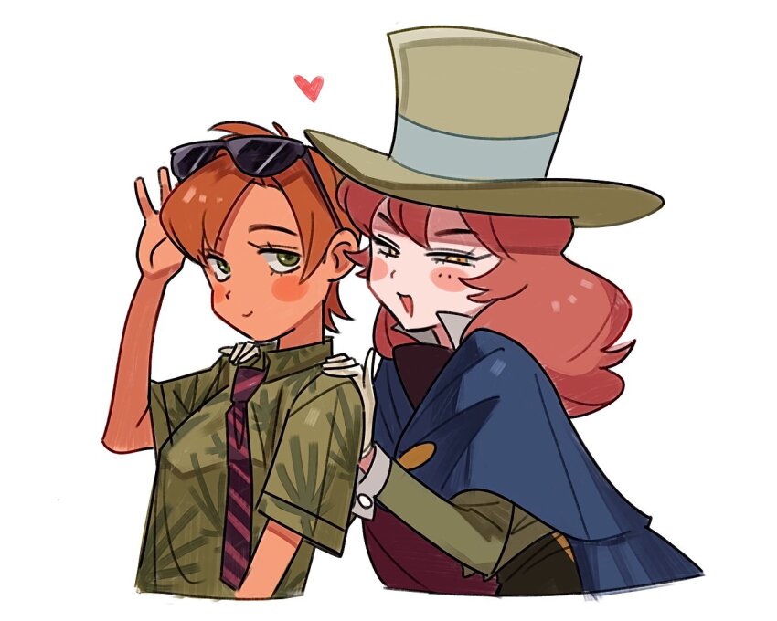 2girls blue_cape blush_stickers cape cropped_torso eyewear_on_head genderswap genderswap_(mtf) green_eyes green_hat green_shirt hat heart honest_john_(disney) humanization long_sleeves looking_at_viewer multiple_girls necktie nick_wilde orange_eyes orange_hair pinocchio_(disney_movie) red_hair shirt short_hair striped_necktie sunglasses top_hat uochandayo white_background zootopia