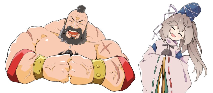 1boy 1girl :d absurdres beard blue_hat clenched_hands closed_eyes commentary_request facial_hair grey_hair gurajio hands_in_opposite_sleeves hat head_tilt highres long_hair mononobe_no_futo muscular muscular_male open_mouth ponytail ribbon-trimmed_sleeves ribbon_trim scar scar_on_arm simple_background smile street_fighter street_fighter_6 tate_eboshi touhou upper_body white_background wide_sleeves zangief