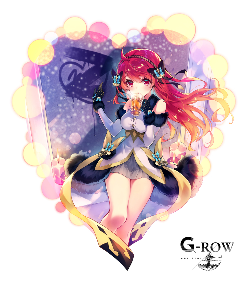 1girl ahoge black_gloves brown_hairband candle commentary_request cup dress drinking drinking_glass floating_hair g-row gloves grey_dress grey_skirt hair_between_eyes hairband hercule_(phantom_of_the_kill) highres holding holding_cup looking_at_viewer miniskirt official_alternate_costume official_art open_mouth phantom_of_the_kill pleated_skirt red_eyes red_hair second-party_source sitting skirt solo windowsill